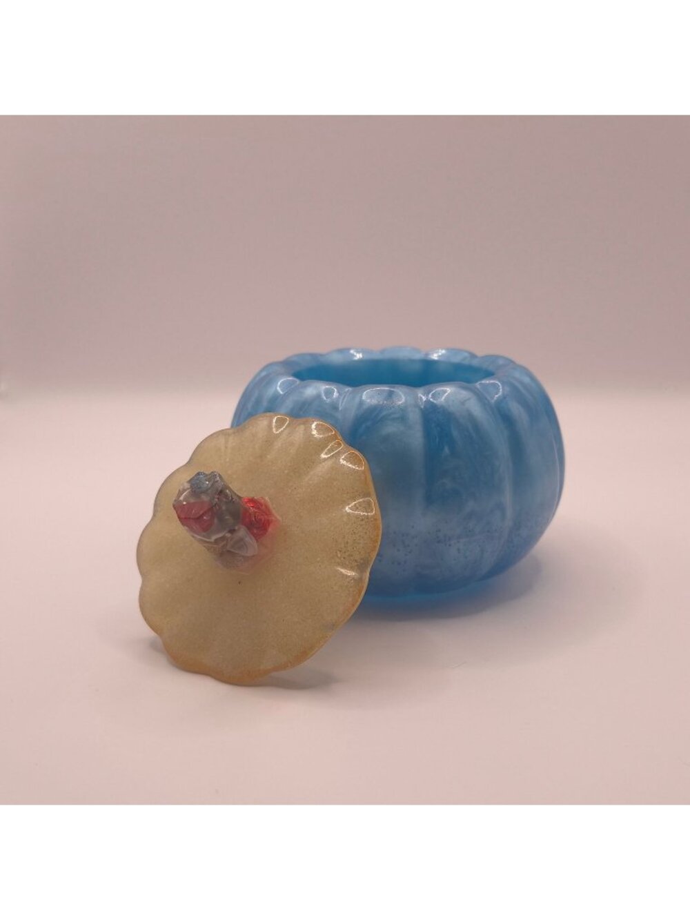 Handmade Summerween Blue Pumpkin Jar Seashell Stem Sand Lid Decor